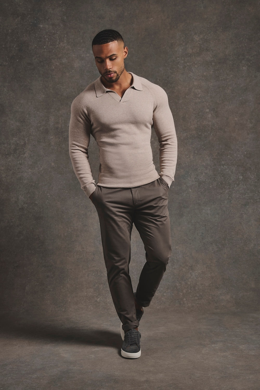 Pure Cotton Knitted Open Collar Polo Shirt in Neutral Marl