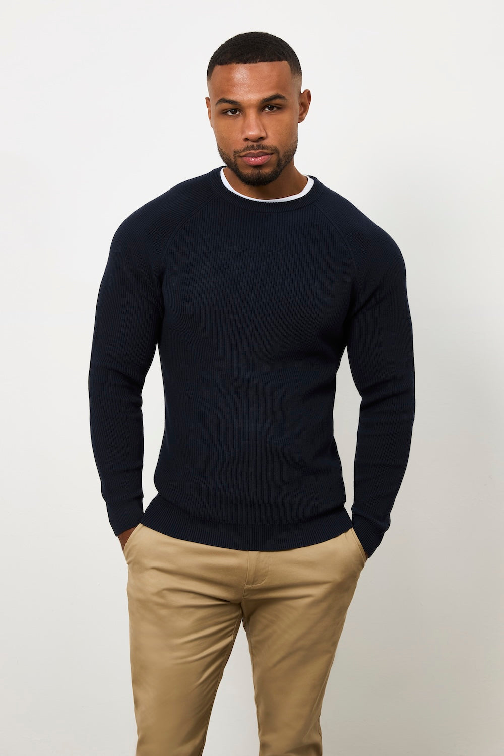 Pure Cotton Knitted Textured Crew Neck Jumper in Navy