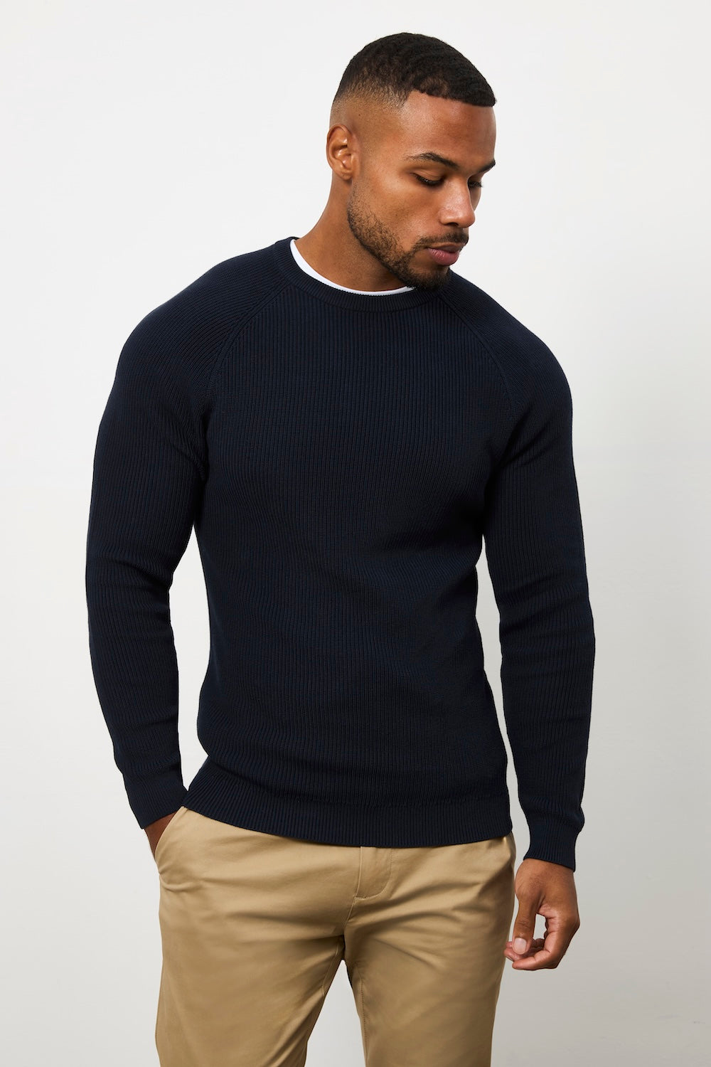 Pure Cotton Knitted Textured Crew Neck Jumper in Navy