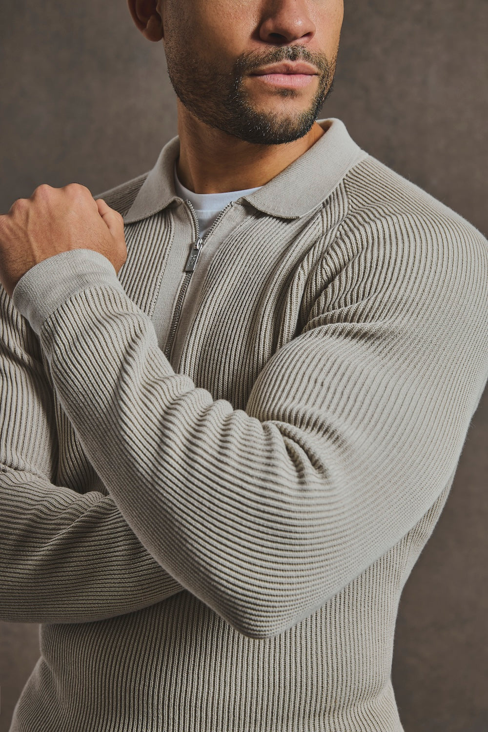 Cotton Textured Knitted Half Zip Polo Shirt in Stone