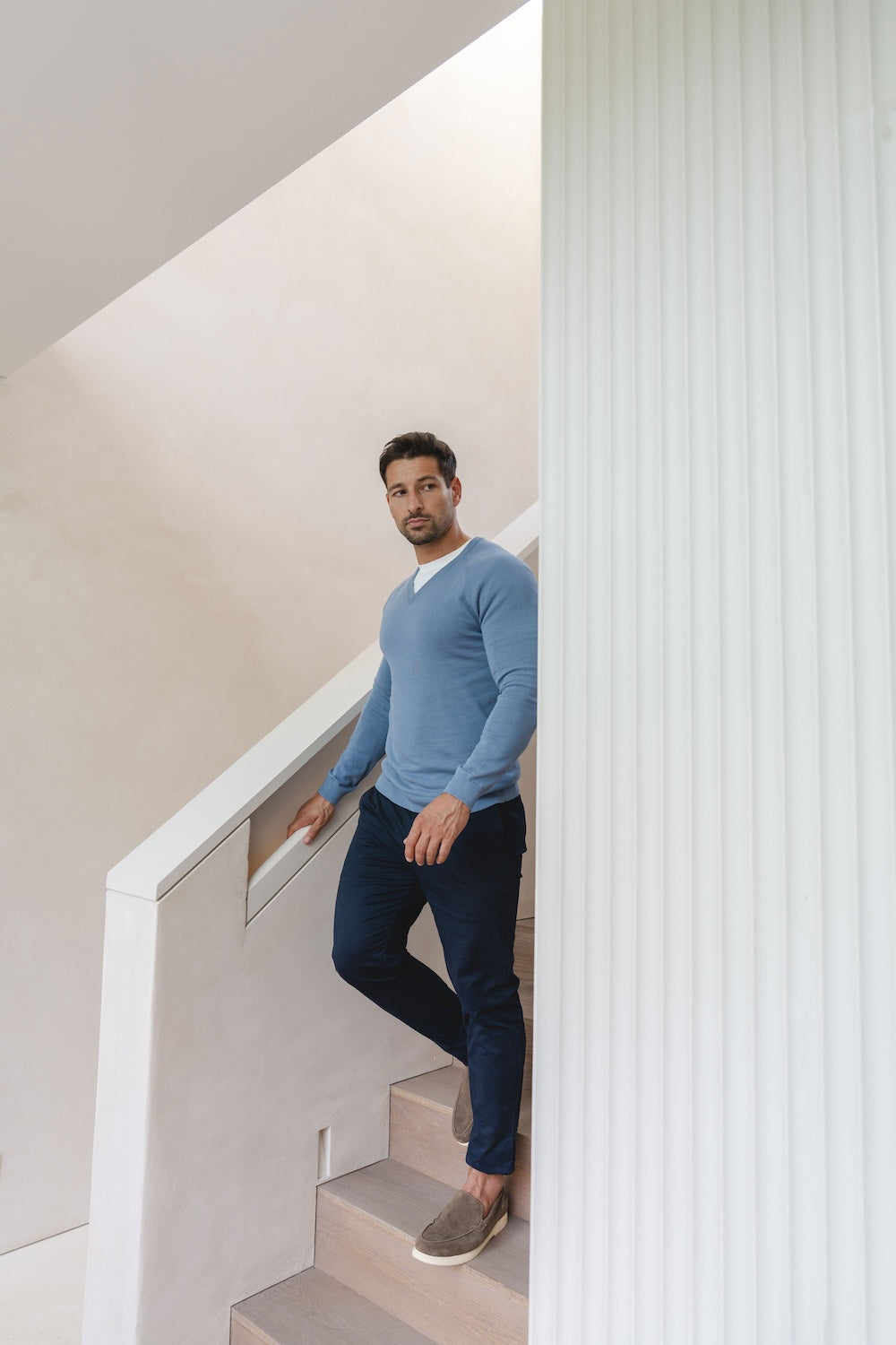 Pure Cotton Knitted V-Neck Jumper in Airforce Blue