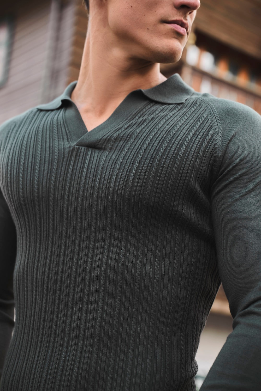 Fine Cable Knitted Open Collar Polo Shirt in Dark Forest