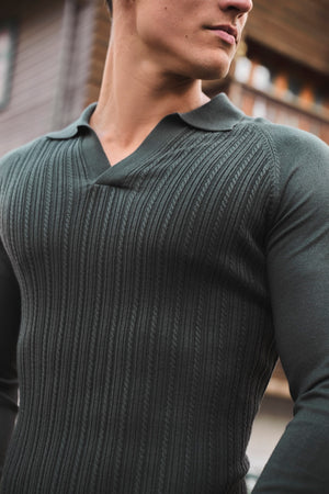 Fine Cable Knitted Open Collar Polo Shirt in Dark Forest
