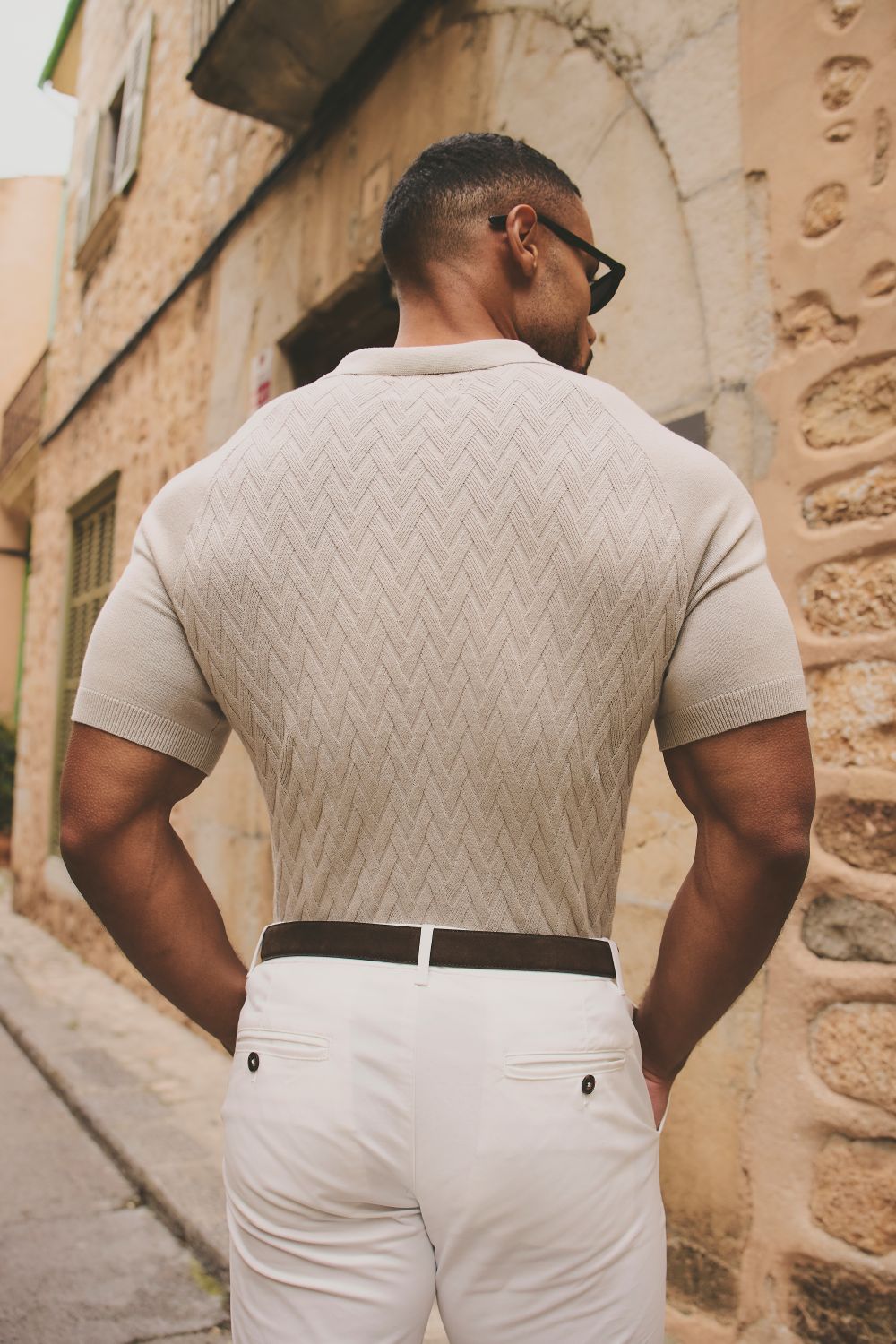 Cable Knitted Zip Polo Shirt in Neutral