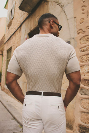 Cable Knitted Zip Polo Shirt in Neutral