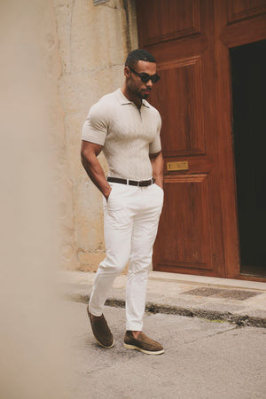 Cable Knitted Zip Polo Shirt in Neutral