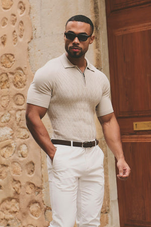 Cable Knitted Zip Polo Shirt in Neutral