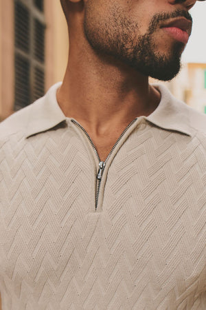 Cable Knitted Zip Polo Shirt in Neutral
