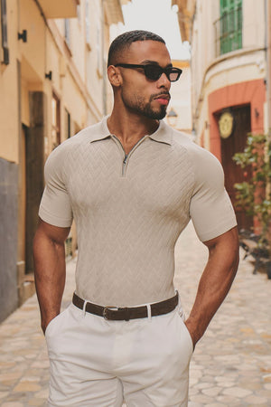 Cable Knitted Zip Polo Shirt in Neutral