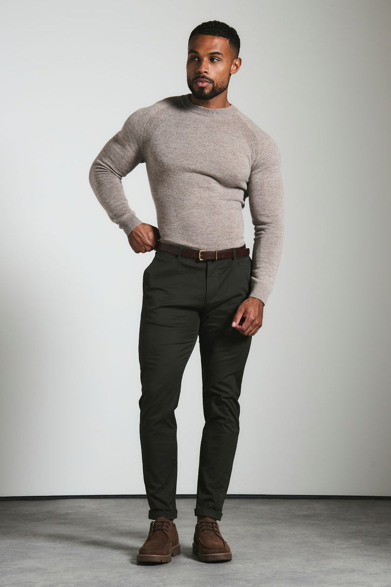 Muscle Fit Cotton Stretch Chino Trouser in Dark Khaki