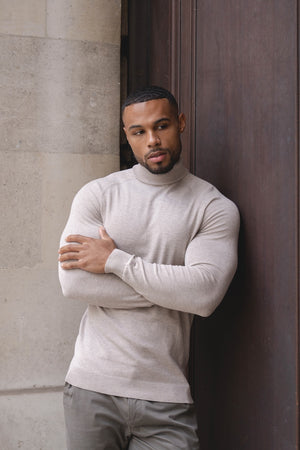 Cotton Blend Roll Neck Jumper in Neutral Marl