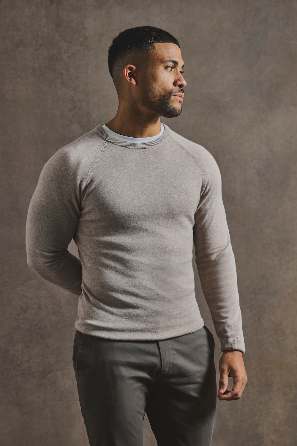 Pure Cotton Knitted Crew Neck Jumper in Neutral Marl