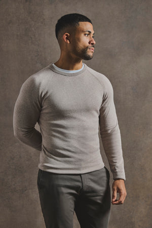 Pure Cotton Knitted Crew Neck Jumper in Neutral Marl