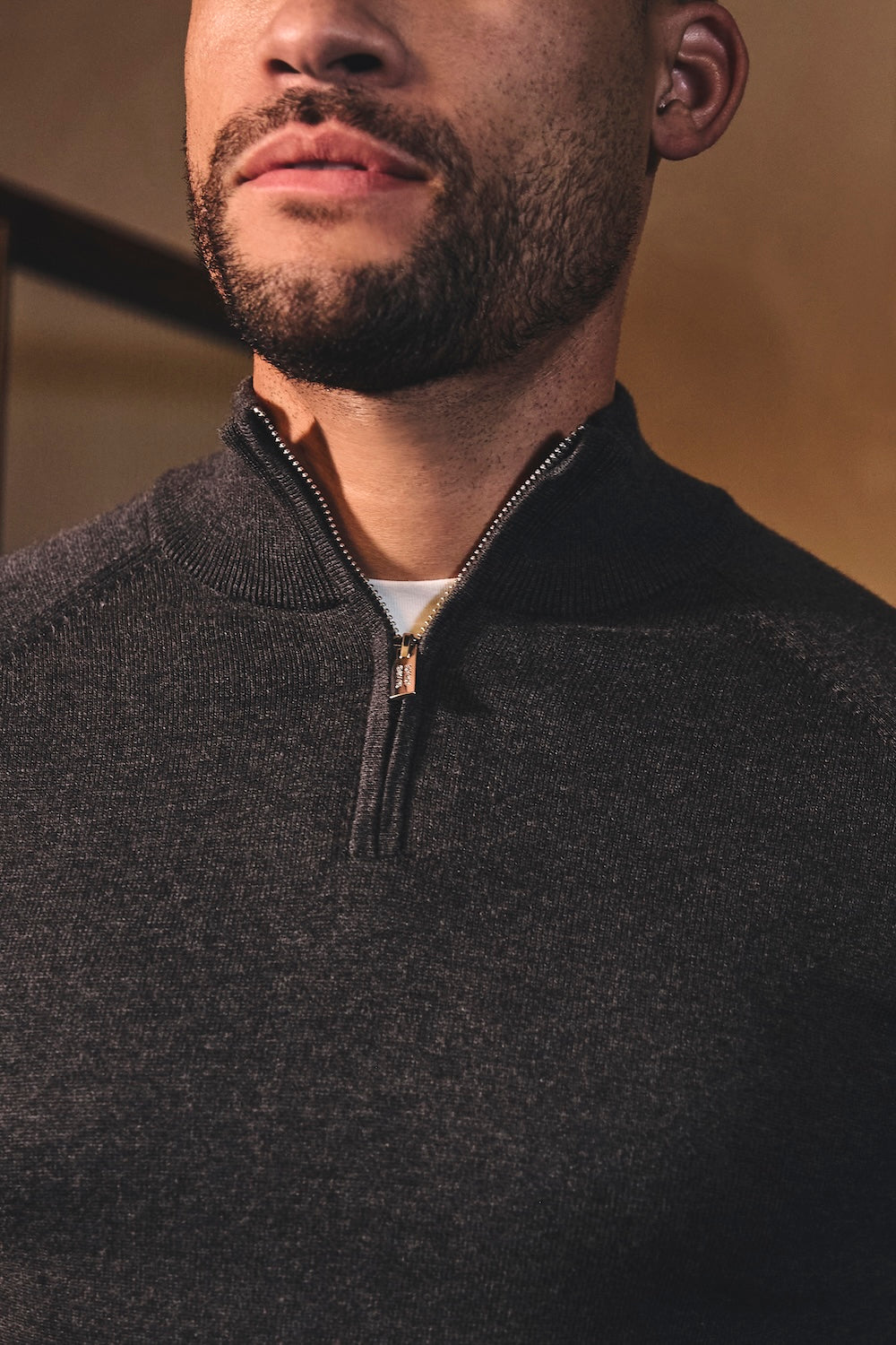 Pure Cotton Knitted Half Zip Neck Jumper in Dark Charcoal Marl