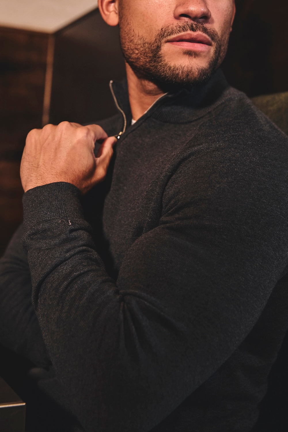 Pure Cotton Knitted Half Zip Neck Jumper in Dark Charcoal Marl