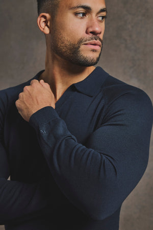 Pure Cotton Knitted Open Collar Polo Shirt in Navy