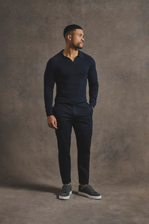 Pure Cotton Knitted Open Collar Polo Shirt in Navy