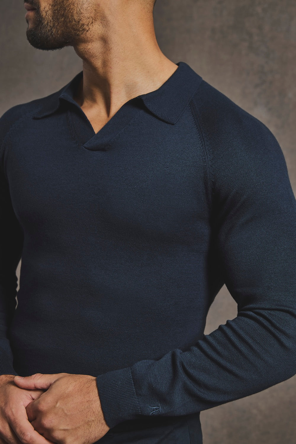 Pure Cotton Knitted Open Collar Polo Shirt in Navy