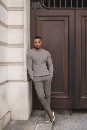 Pure Cotton Knitted Textured Crew Neck Jumper in Brown Marl