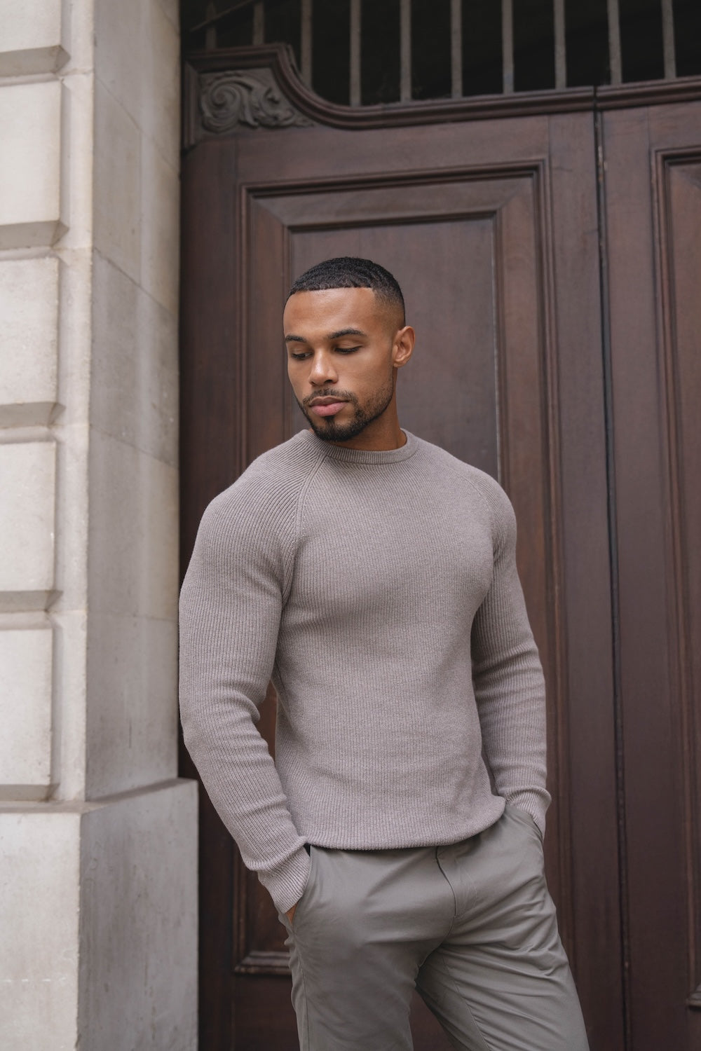 Pure Cotton Knitted Textured Crew Neck Jumper in Brown Marl