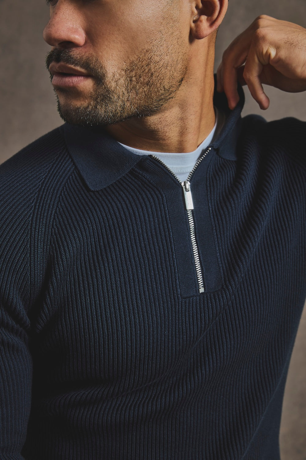 Cotton Textured Knitted Half Zip Polo Shirt in Navy