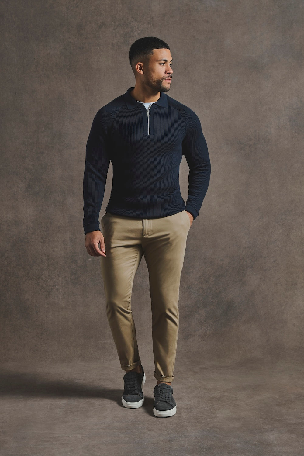 Cotton Textured Knitted Half Zip Polo Shirt in Navy