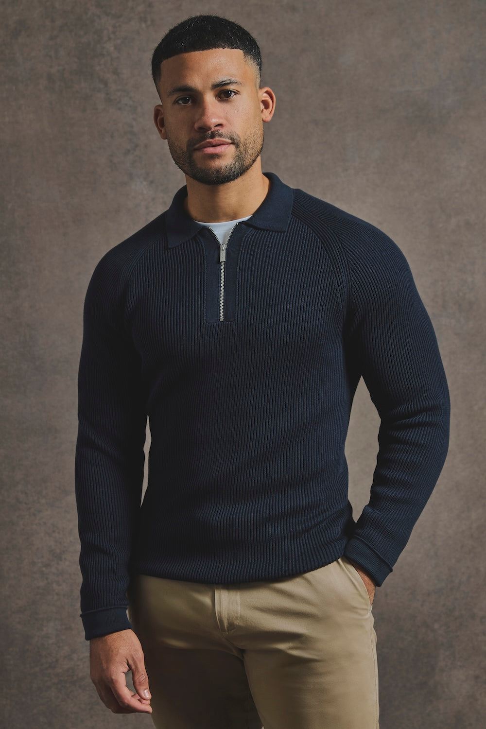 Cotton Textured Knitted Half Zip Polo Shirt in Navy