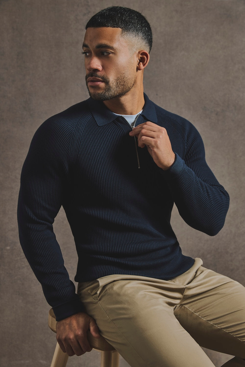 Cotton Textured Knitted Half Zip Polo Shirt in Navy
