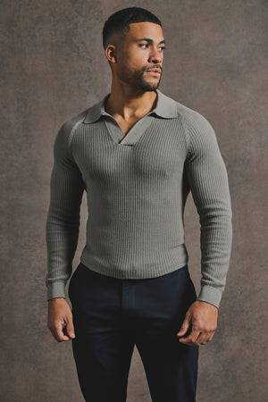 Cotton Textured Knitted Open Collar Polo Shirt in Mole