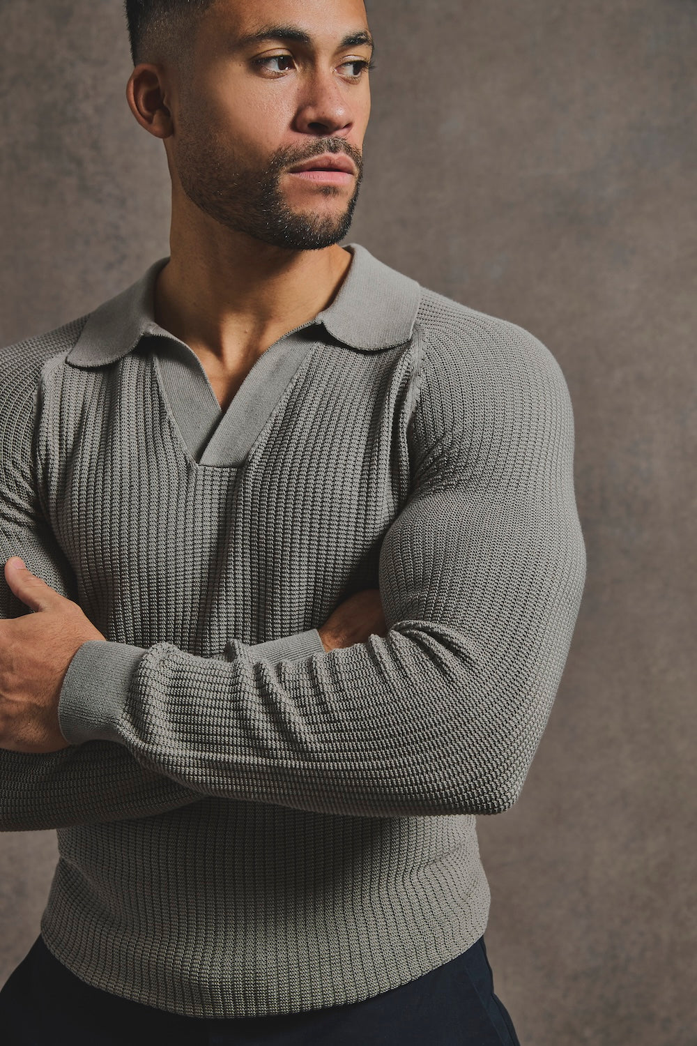 Cotton Textured Knitted Open Collar Polo Shirt in Mole