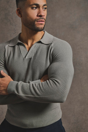 Cotton Textured Knitted Open Collar Polo Shirt in Mole