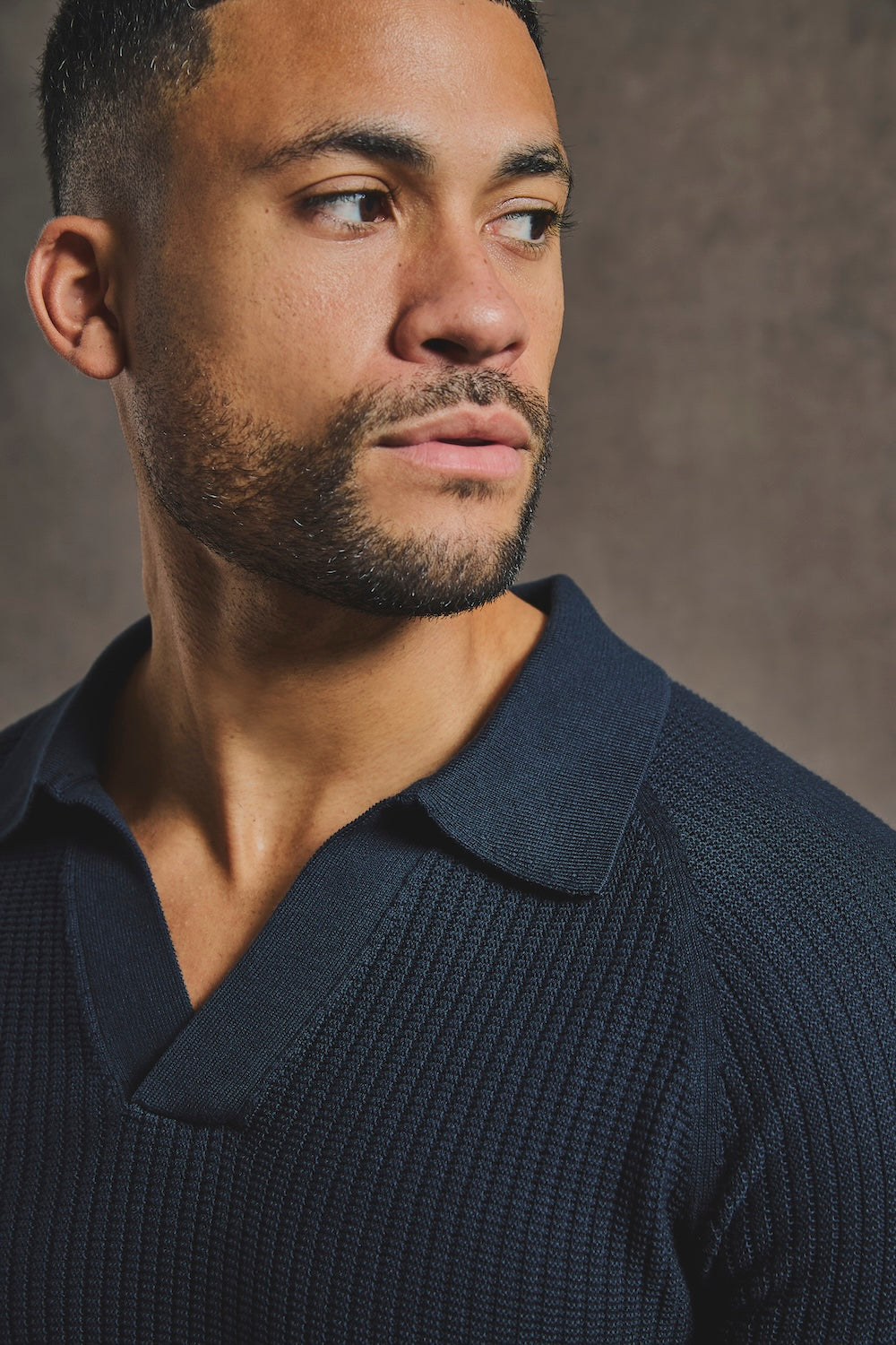 Cotton Textured Knitted Open Collar Polo Shirt in Navy