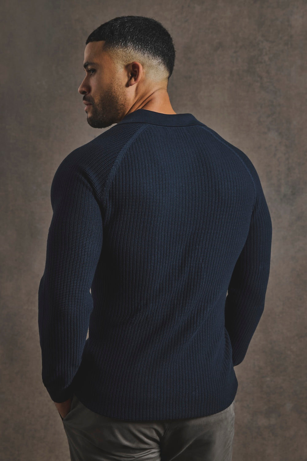 Cotton Textured Knitted Open Collar Polo Shirt in Navy