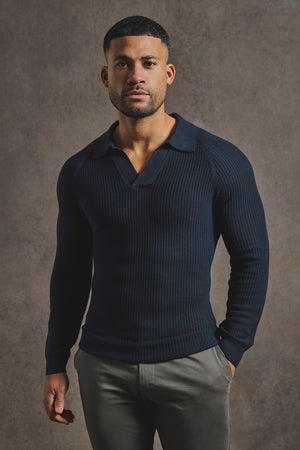 Cotton Textured Knitted Open Collar Polo Shirt in Navy