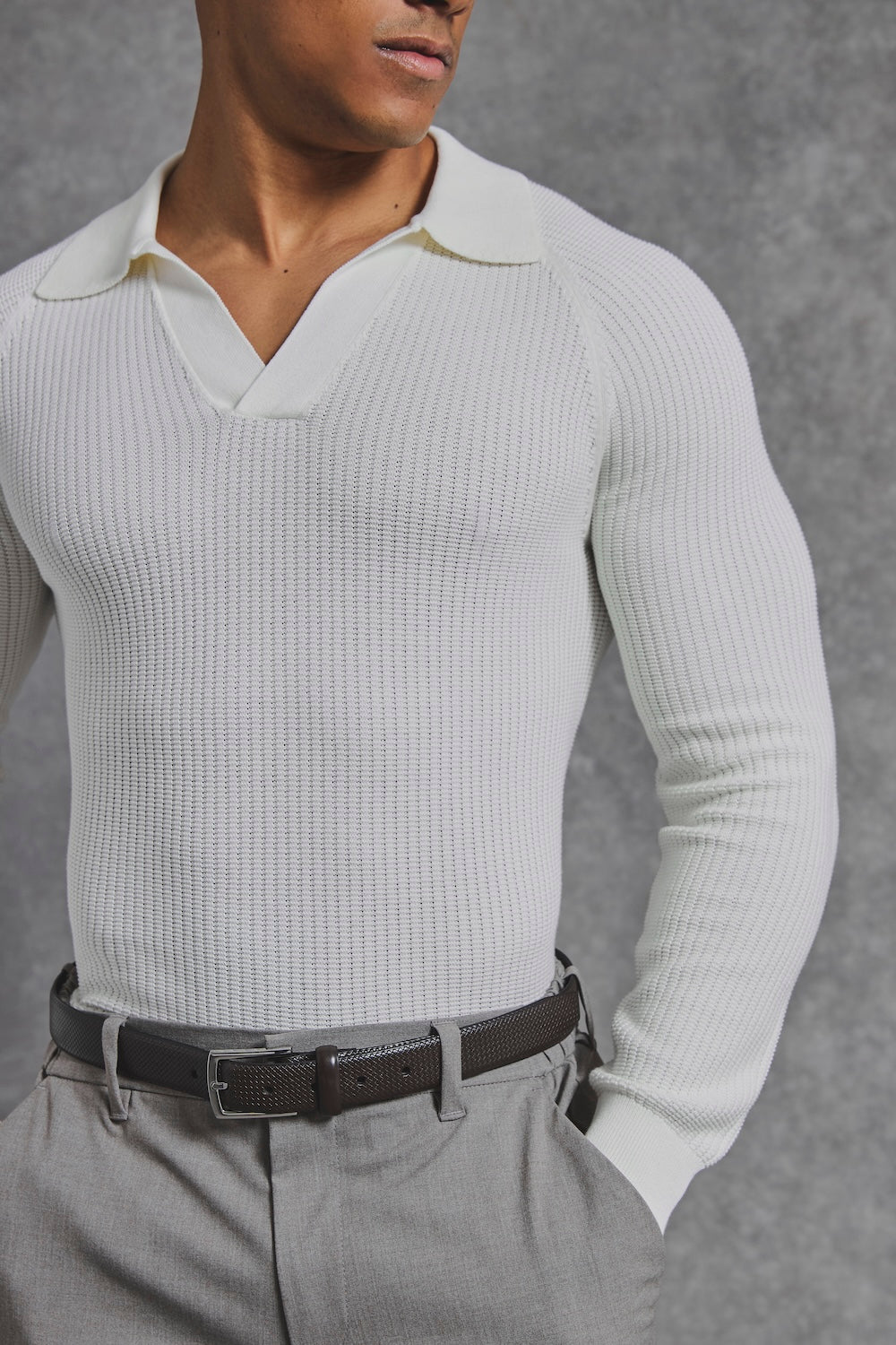 Cotton Textured Knitted Open Collar Polo Shirt in Winter White