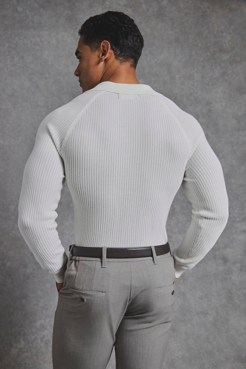 Cotton Textured Knitted Open Collar Polo Shirt in Winter White