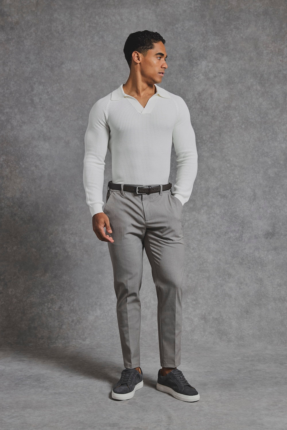 Cotton Textured Knitted Open Collar Polo Shirt in Winter White