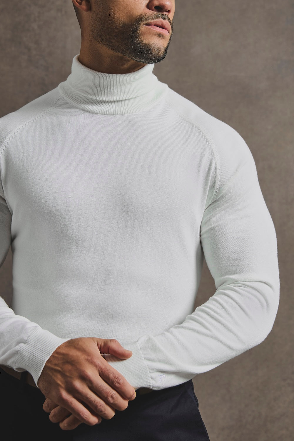 Cotton Blend Roll Neck Jumper in Winter White