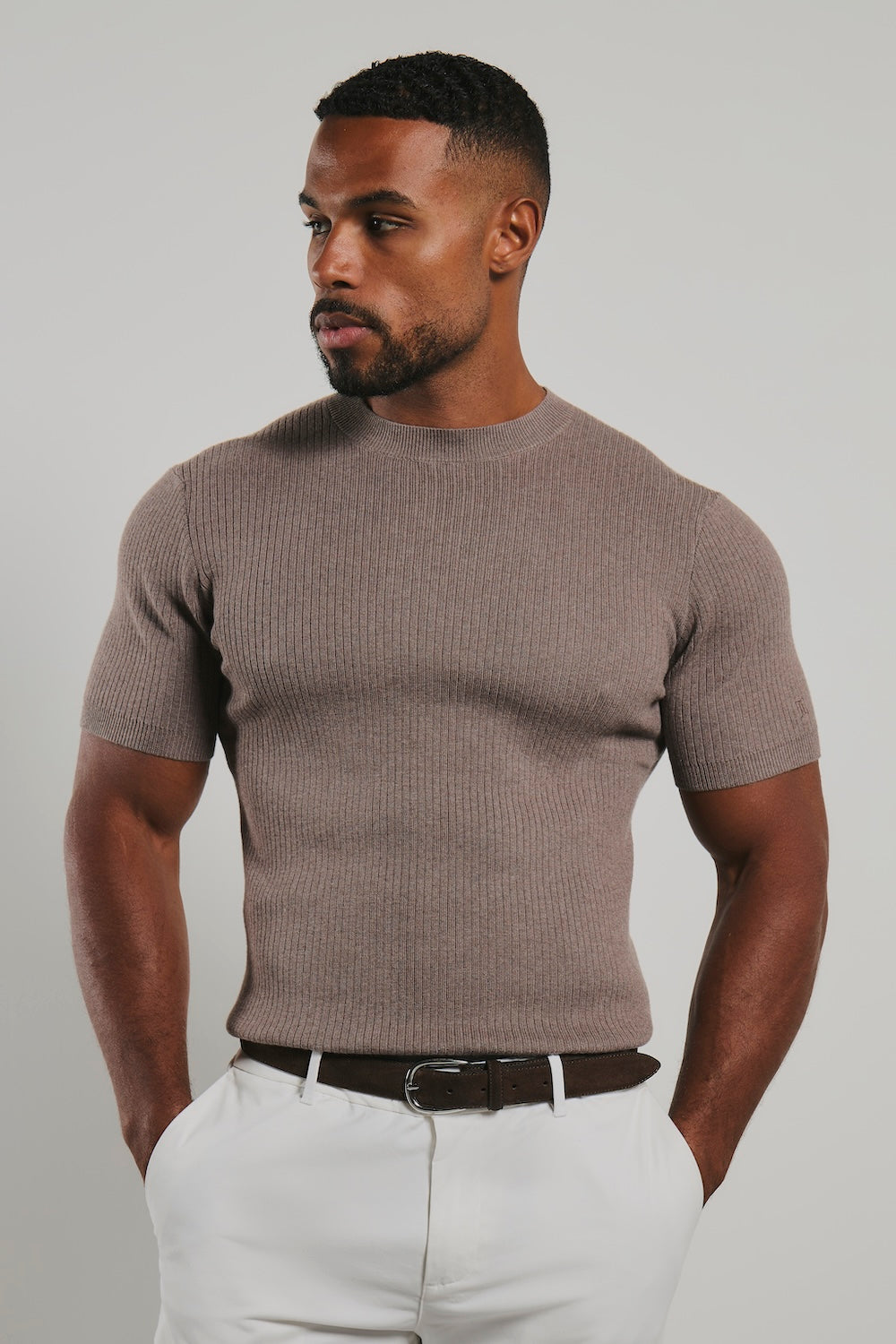 Soft Knitted Ribbed T-Shirt in Wheat