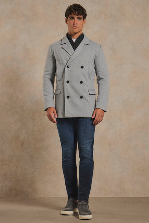 Double Breasted Herringbone Peacoat in Soft Grey