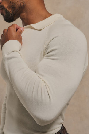 Open Collar Knitted Polo Shirt in Winter White