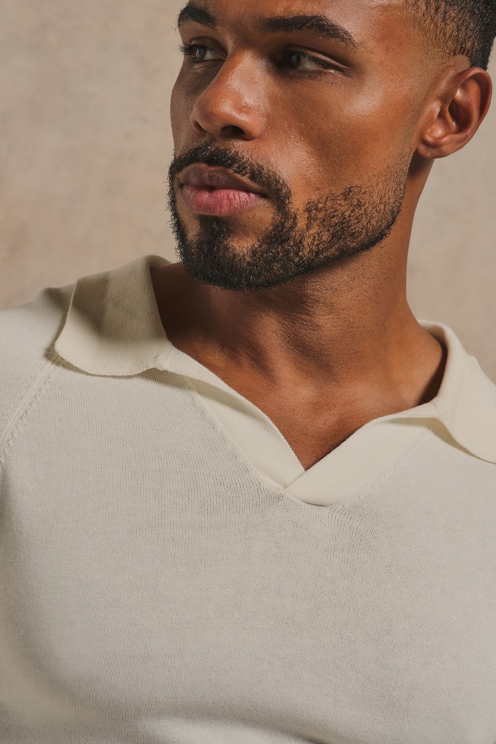 Open Collar Knitted Polo Shirt in Winter White
