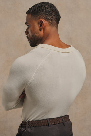 Open Collar Knitted Polo Shirt in Winter White