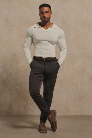 Open Collar Knitted Polo Shirt in Winter White