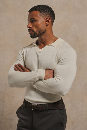 Open Collar Knitted Polo Shirt in Winter White