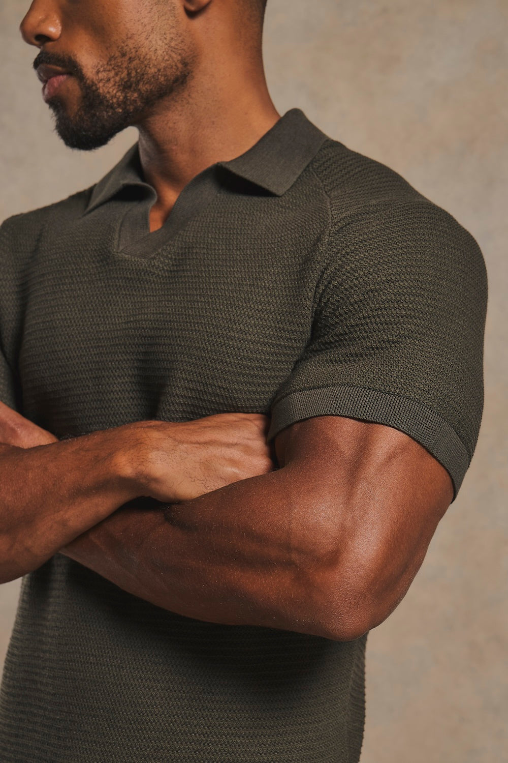 Textured Knitted Open Collar Polo Shirt in Dark Olive