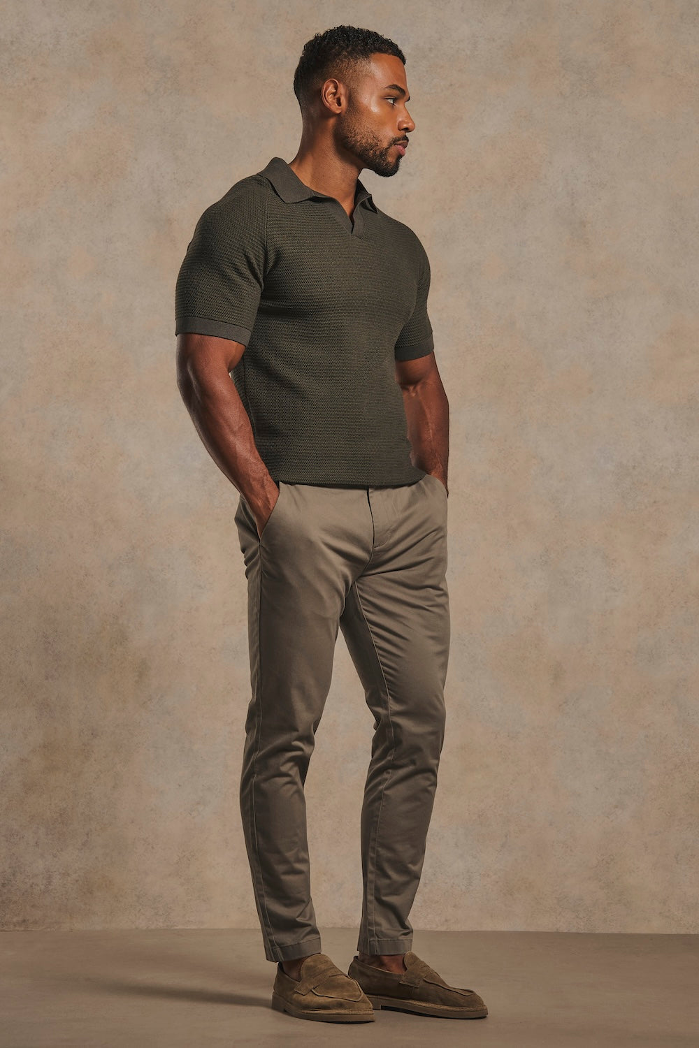 Textured Knitted Open Collar Polo Shirt in Dark Olive