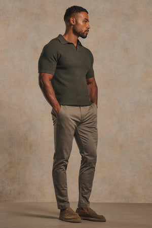 Textured Knitted Open Collar Polo Shirt in Dark Olive