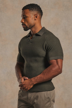 Textured Knitted Open Collar Polo Shirt in Dark Olive