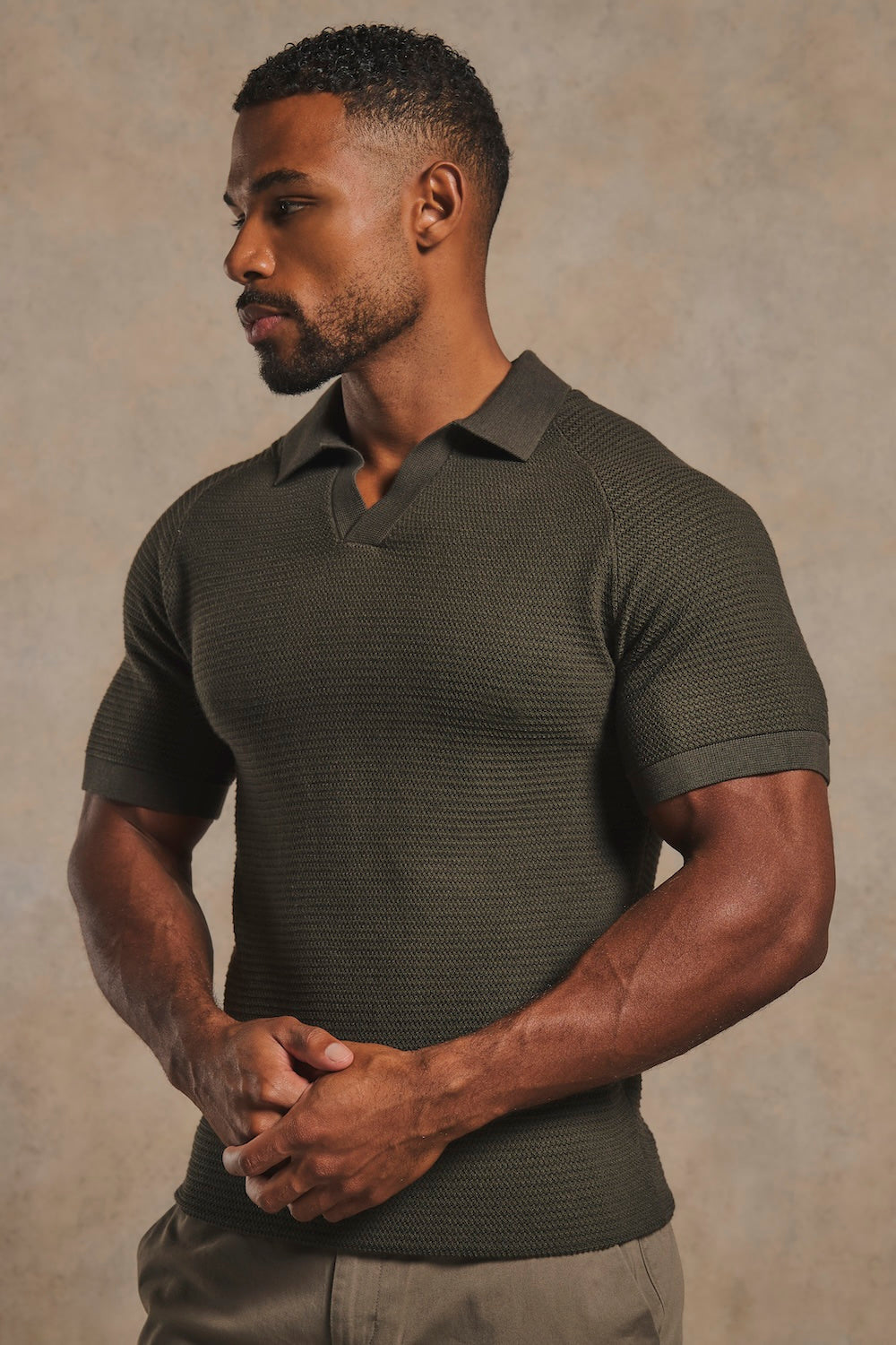 Textured Knitted Open Collar Polo Shirt in Dark Olive